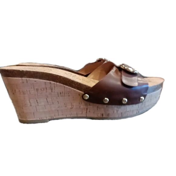 tommy hilfiger womens Brown Leather Wedges Gold Buckle Y2K Preppy Sz. 9.5 M - Picture 4 of 5